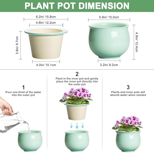 6 Inch African Violet Pots, Ceramic Self Watering Planter with Absorbent Inner Pot, Round Pots for Indoor Plants Outdoor, Ceramic Flower Pot, Office Decor, Plant Lover Gifts, Mint Green - Image 2