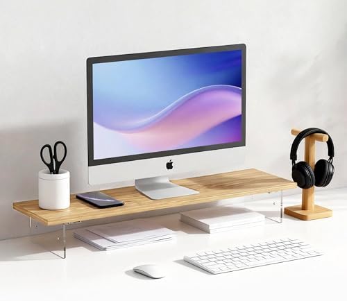 Wood Monitor Stand Riser with Acrylic Legs, Computer Screen Stand Desk Organizer, 31.5 x 7.9 x 3.1 inch, Hold up to 66 lbs (Natural, 31.5"×7.9"×3.1") by Unknown