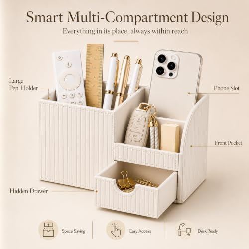 KINGFOM Luxury PU Leather Desk Organizer with Drawer, Modern Aesthetic Office Desk Accessories for Women, Multi-Compartment Pen Holder & Desktop Storage Organizer for Home Office, Cream White - Image 5