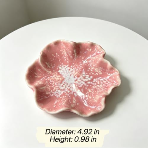 Pink Flower Ceramic Jewelry Dish - Rustic Glazed Trinket Tray for Rings Earrings, Boho Vanity Organizer for Bathroom Counter Nightstand Desk, Small Catch All Bowl for Keys Coins, Gift for Women - Image 4