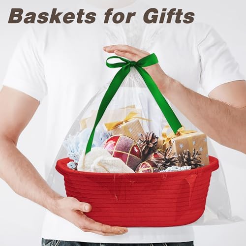 Pro Goleem Small Woven Basket with Gift Bags and Ribbons Durable Baskets for Gifts Empty Small Rope Basket for Storage 12"X 8" X 5" Baby Toy Basket with Handles, Red - Image 2