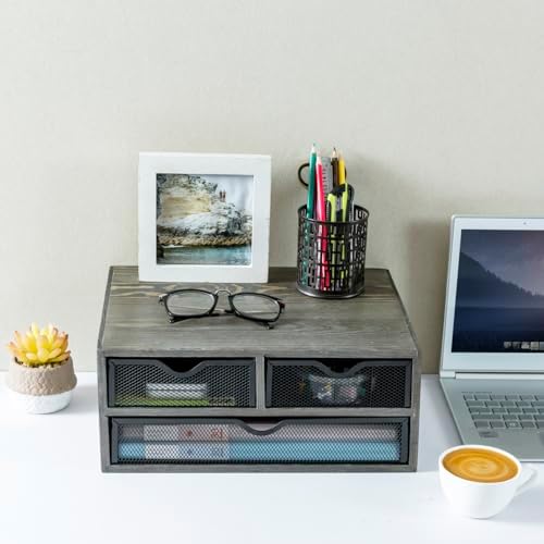MyGift Vintage Weathered Gray Solid Wood Desktop Organizer Box with 3 Removable Black Metal Mesh Trays, Office Desk Supplies Storage Drawers for Accessories - Image 2