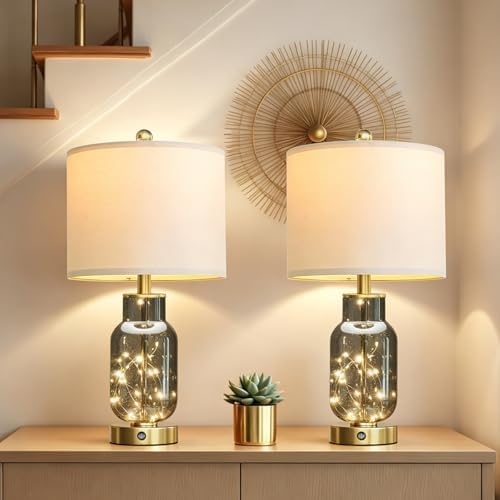 Oneach 22" Glass Table Lamps Set of 2 with LED Nightlight for Bedroom, Gray - Image 3