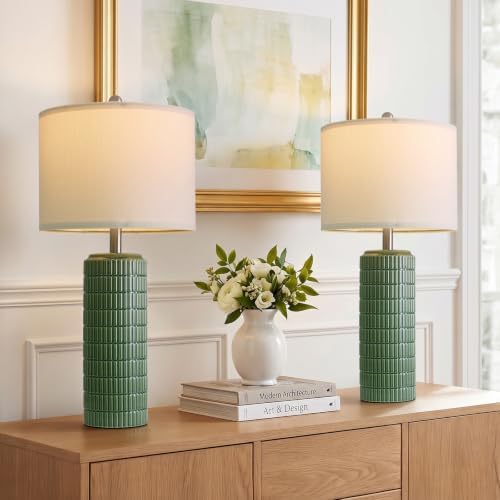 PoKat 27.5" Dark Green Ceramic Table Lamps for Living Room, Farmhouse Table Lamps Set of 2 for Bedroom Night Stands, Modern Bedside Lamps for End Side Table, Vintage Nightstand Decor Lamps Home Office by Pokat