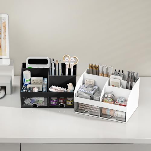 COMFYROOM Desk Organizer with 6 Compartments and 2 Drawers, Plastic Makeup Organizer, Pen Holder for Desktop Storage, Desk Organization for School, Home, Office Supplies (Black) - Image 5
