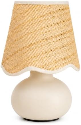 11" Small Mini Boho Table Lamp – Handmade Ceramic Cream Base with Scallop Woven Rattan Shade, Dimmable Plug-In Accent Light for Bedroom, Nightstand, Small Spaces, Kitchen Counter, Bookshelf by Unknown