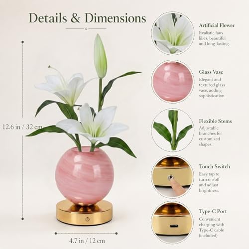 Lily Table Lamp, 3 Color Planet Night Light, Rechargeable Cordless Touch Dimming Artificial Flower Light, LED Flower Bedside Lamp Romantic Gifts for Girl Women Mom (White Lily - Pink Vase) - Image 2