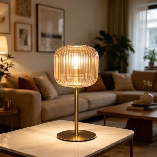 Green Glass Table Lamp Mid Century Modern Table Lamp for Bedroom Nightstand Gold Small Night Light Vintage Decorative Brass Desk Lamp for Living Room Study (L Amber Lamp) - Image 2