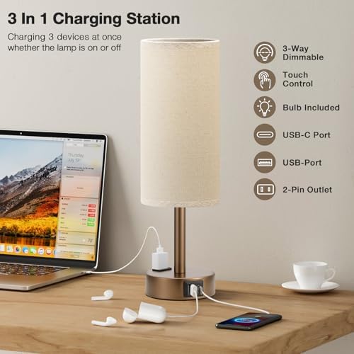 Fenmzee Brown Bedside Lamp for Bedroom, Dimmable Touch, USB A+C, AC Outlet - Image 2