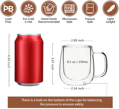 CNGLASS 8.5oz Glass Coffee Mug,Double Walled Glass Mugs with Handle,Clear Espresso Cups for Latte,Cappuccino,Tea Bag,Set of 4 - Image 2