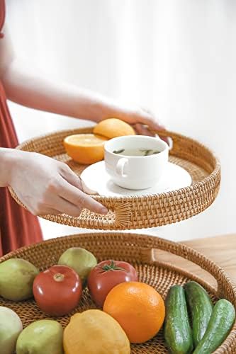 HITOMEN 11.8" Hand-Woven Round Rattan Serving Tray Decorative Wicker Trays with Handles for Coffee Table (Natural-M) - Image 3
