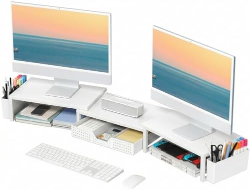 OPNICE Desk Organizers and Accessories, Dual Monitor Stand Riser with Drawer and 2 Pen Holders, Desk Shelf Printer Stand for Office Workspace Organizers, Desktop Organization (White) by OPNICE