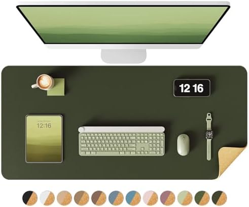 YSAGi Double-Sided Desk Pad, 35.4"x17" Leather Desk Mat, Eco Cork Desk Pad Protector,Large Mouse Pad,Waterproof Desk Blotter for Office/Home (Dark Green/Cork) by YSAGi