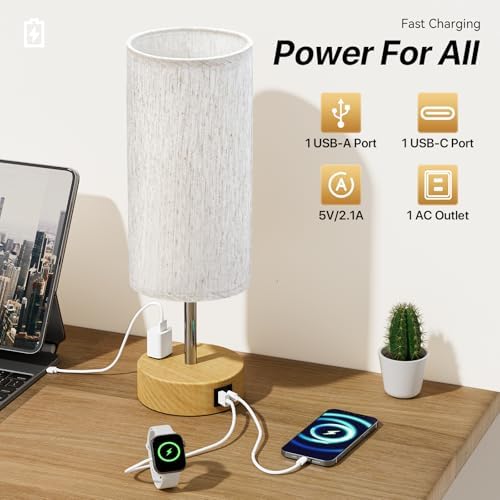 KPQ Bedside Lamp Touch Control Table Lamp with USB A+C Charging Ports & AC Outlet 3-Way Dimmable Nightstand Lamp with Linen Fabric Shade (Beige Shade-Wood Base, 14" Small Size Touch Control) - Image 3