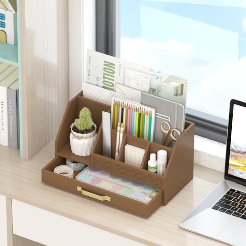 Bamboo Desk Organizer with Drawers, Mail Organizer Countertop Wood Desk Drawer Tabletop Storage Organization Pen Holder Letter Sorter Makeup Organizer for School Home Office (Brown) - Image 4