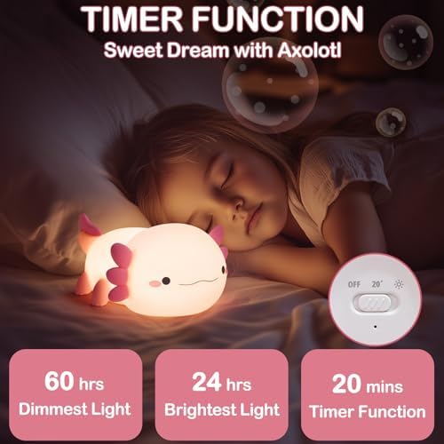 Axolotl Lamp, Axolotl Cute Night Light Gifts, Rechargeable Bedside Nightlight, Dimmable Squishy Silicone Animal Touch Lamp, Baby Room Decor, Pink Night Light for Kids Teens Girls Lovers - Image 2