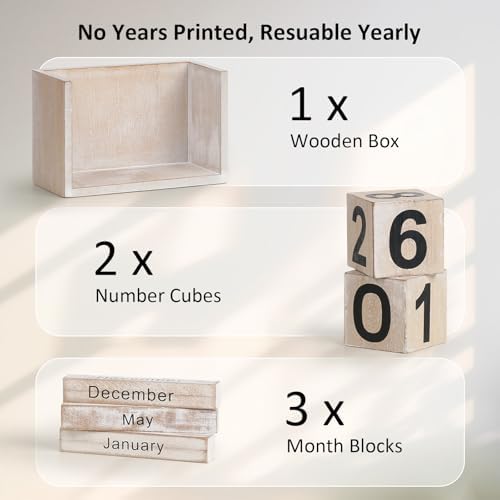 Wooden Block Calendar for Desk, Small Size Daily Desktop Perpetual Desk Calendar, Cute Date Display Desk Accessories for Home Office Decor, Teacher, Classroom, Reusable Yearly, Grey Beige - Image 4
