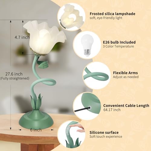 Cute Flower Desk Lamp, 3 Color Temperature Table Lamp with LED Bulb, Vintage Bedside Lamps, Reading Lamps with Soft Light for Bedroom, Living Room - Image 4