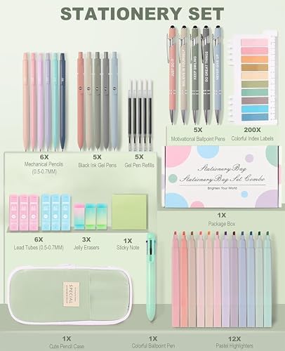 56 PCS Aesthetic School Supplies with Large Pencil Case, 5 Inspirational Ballpoint Pens, 12 Pastel Highlighters, 5 Black Ink Gel Pens, 6 Mechanical Pencils 0.5-0.7mm College Student Essentials (Green) - Image 2