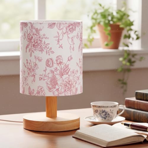 VIHOSE Pink Floral Kids Table Lamp for Bedroom Kids Bedside Lamp with Linen Wooden Nightstand Cartoon Nursery Lampshade for Girls Boys Living Room - Image 3