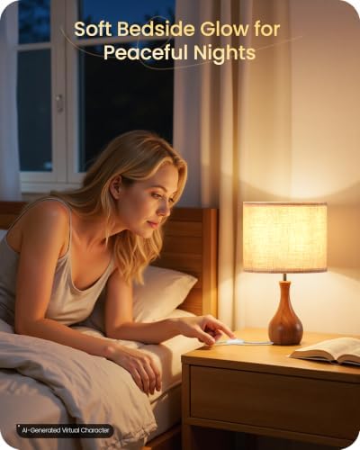 Small Table Lamp, 14.2" Wood Bedside Lamp, Little Cute Desk Lamp with Dark Wood Bottle-Shaped Base & Beige Linen Lampshade, Nightstand Lamp for Bedroom, Small Space, E26 Socket, LE09TL05 - Image 6