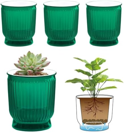 T4U Self Watering Pots for Indoor Plants 4 Inch 4 Pack Planter Green by T4U
