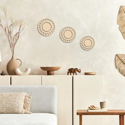 Boho Wooden Wall Decor Set of 3, Geometric Wood Wall Art for Living Room Bedroom Bathroom, Neutral Farmhouse Wall Decor, Modern Minimalist Round Wall Hanging, Ready to Hang - Image 5