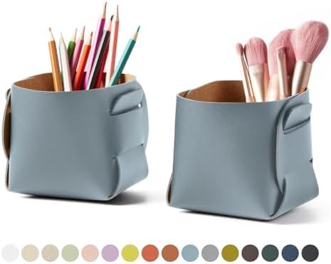 HOMIEAZICOZI 2-Pack Cork Leather Desk Accessories Storage - Pencil Pen Holder - Makeup Brush Holder Organizer - Stylish Addition to Home Decor (Light Blue) by HOMIEAZICOZI