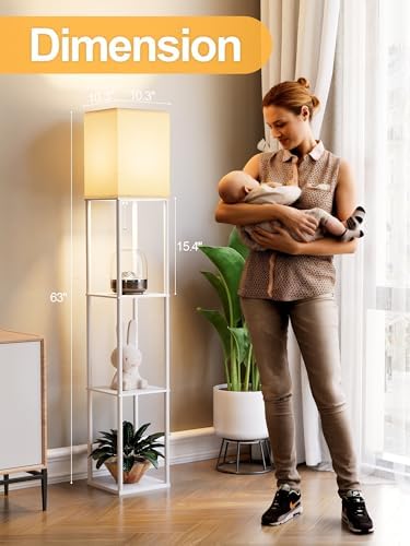 Floor Lamp with Shelves for Living Room White, Shelf Floor Lamp with 3 CCT LED Bulb, Corner Display Standing Column Lamp Etagere Organizer Tower Nightstand with White Linen Shade for Bedroom, Office - Image 4