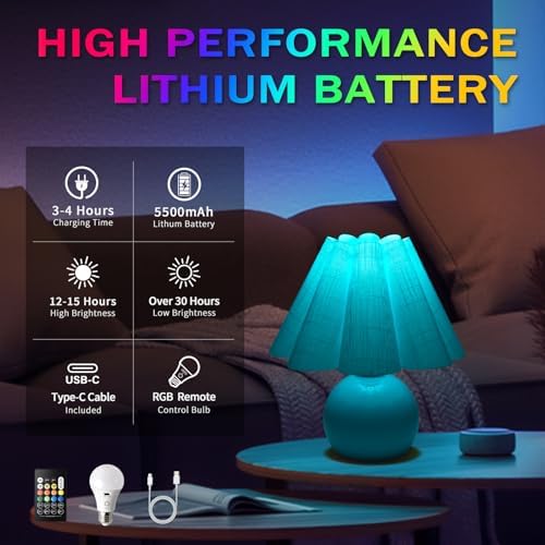 Rechargeable Crodless Small Table Lamp, Battery Operated Remote Control LIght Blue Mini Cute Table Lamps for Bedroom Nightstand, Cute Small Table Lamp for Small Spaces for Kitchen Counter, Bookshelf - Image 5