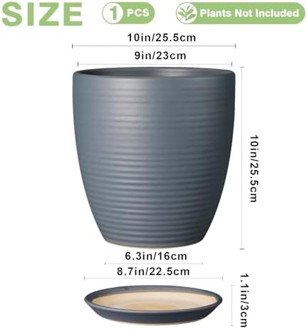 10 Inch Ceramic Planter Round Plant Pots for Plants Indoor Outdoor Glaze Large Flower Pot with Drainage Hole and Saucer Gray - Image 3