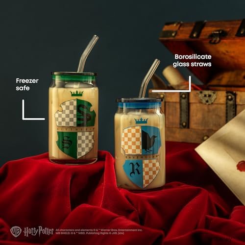 JoyJolt Harry Potter House Crests Glass Tumblers with Lids and Straws, 16oz Glass Cups with Lids and Straws, Can Shaped Drinking Glasses Set of 4, Hogwarts Cup, Harry Potter Merchandise - Image 5