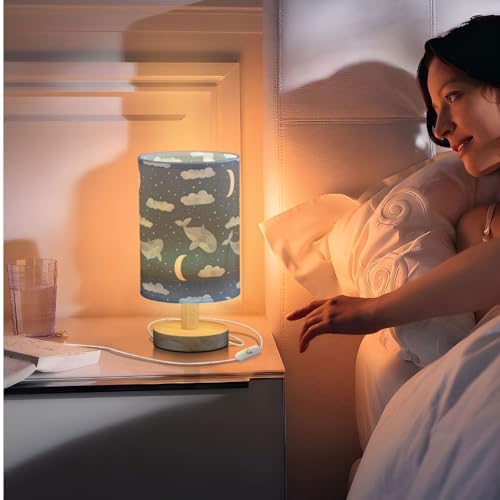 Cute Whale Clouds Moon Star Deep Blue Bedside Table Lamps with USB Port for Bedroom Lamp Accent Table Lamp Small Nightstand Lamp Sturdy Linen Shade Wooden Decorative Lamps for Kids|Reading|Dorm|Home - Image 7