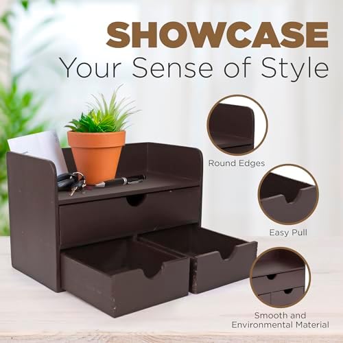 Besti Wooden Office Desk Organizer - Organizing Tool for Desktop, Cubicle, Bedroom, Kitchen - Vintage Style Organization Caddy with Top Tray Shelf & 3 Drawers - 13.6x9x7 Inches (Dark Brown) - Image 5