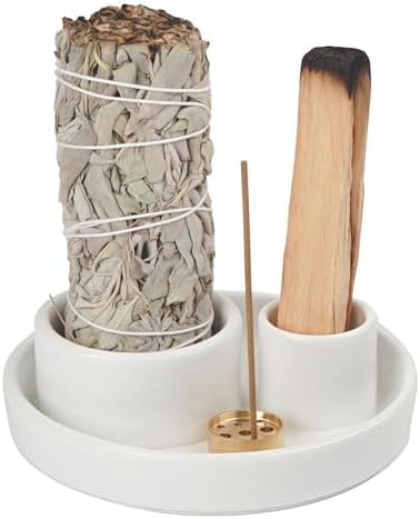 4 in 1 Incense Holder, Ceramic Incense Stick and Palo Santo Holder,Sage Holder for Burning- 4.25" Ceramic Ash Catcher Tray for Meditation and Yoga Room (White) by FancyLemon