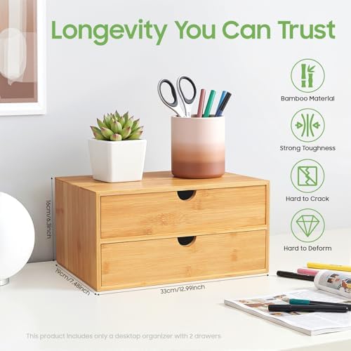 Gdrasuya10 Bamboo Desk Organizer, Drawer Tabletop Storage Organization Box for Office Home Toiletries Supplies, No Assembly Required (2 Drawer) - Image 2