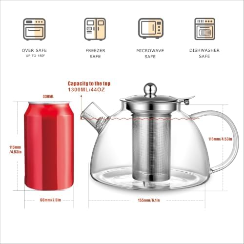 Ehugos Glass Teapot with Removable Infuser, 1300ml/44 oz Stovetop Safe Hand Crafted Clear tea kettle for Loose Leaf Tea, Hot/Iced Water, Juice Beverage - Image 4