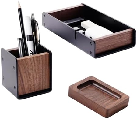 Walnut Desk Tray with Pen Holder Set, Solid Wooden Desk Drawer Organizer for Keys, Pen, Watch, Airpods, Earbuds, Cool Valet Tray for Men by TechVibeJoy