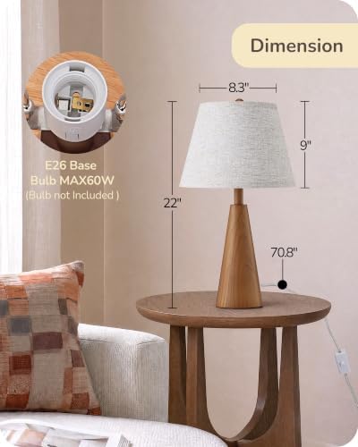 EDISHINE Mid Century Table Lamp, Tapered Walnut Wood Base, E26 Socket - Image 4