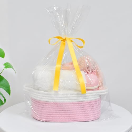 ABenkle Small Basket with Handles, Boho Decorative Rope Woven Dog Cat Toy Storage Bin Shelf Storage Organizer, Easter Christmas Gift Basket, 12"x8"x5", Pink - Image 4