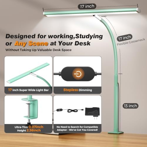 Airlonv LED Desk Lamp with Clamp, 17" Stepless Dimming Light, Mint Green - Image 3