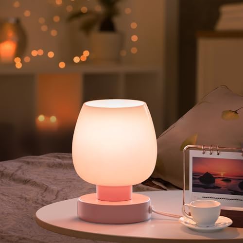 Touch Bedside Table Lamp - Pink Small Lamp for Bedroom with USB C+A Charging Ports 3 Way Dimmable, Nightstand Desk lamp with Glass Lamp Shade Warm LED Bulb Included, Simple Design Christmas - Image 4