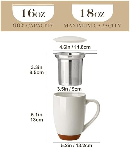 MALACASA Ceramic 18 oz Tea Mug with Lid and Infuser, Khaki Gray - Image 2