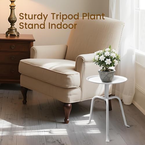 Plant Stand Indoor Outdoor, 11'' Round Black Mid Century Single Plant Table, 3-Leg Small Metal Plant Holders Flower Pot Stand, Modern Round Small Side End Table with Raised Design (White) - Image 2