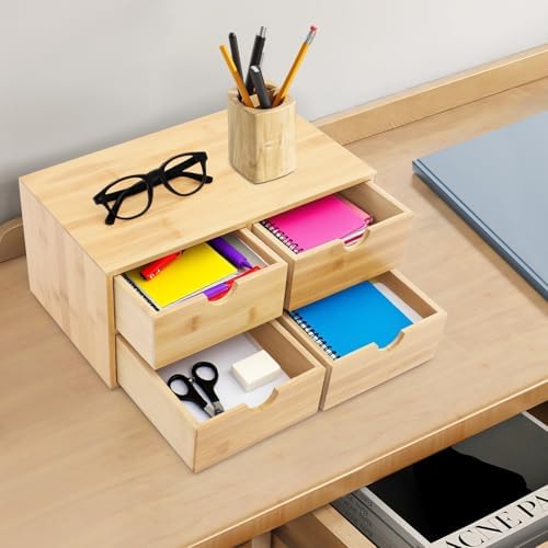 Bamboo Desk Organizer, Wood Desktop Storage Box for Office Supplies, Cosmetics, Stationery, No Assembly Desktop Organizers and Accessories for Home, Office, Study Table (4 Drawers) - Image 4