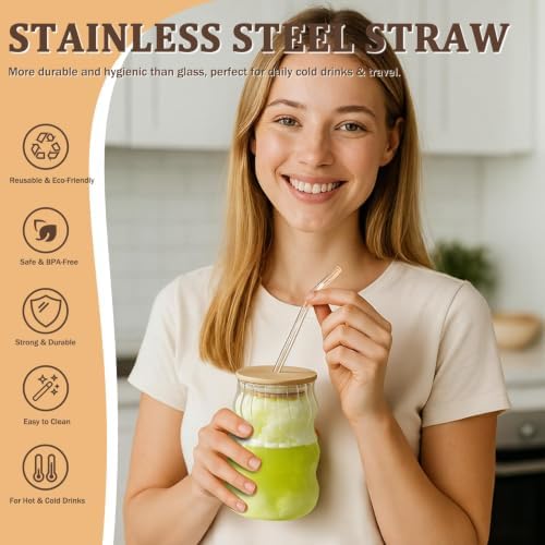 4 Packs Cute Glass Tumbler with Lid and Straw 16 oz Vintage Ice Coffee Cup Set Bulk Simple Modern for Smoothie Juice Matcha Tea Water Slushie Clear Hot Drink Glasses Travel Mug Kitchen Glassware - Image 4