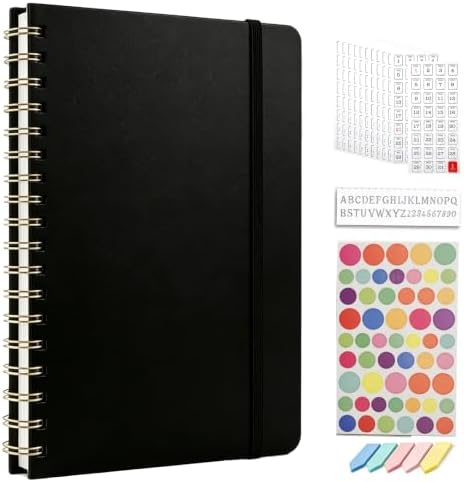 Dot Grid Journal Starter Kit, A5 Spiral Notebook with Stencil Ruler, Date & Color Stickers, Hardcover, 120gsm Thick Paper, Subtle Blue Dotted Pages for Planning, Study & Work - Black by Unknown