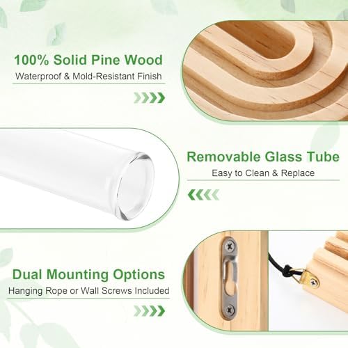 Set of 4 Wooden Wall Planter Vase Hanging Propagation Stations Glass Plant and Flower Vases Wall Plant Holder for Indoor Plants Art Boho Home Room Entryway Hallway Decoration - Image 3