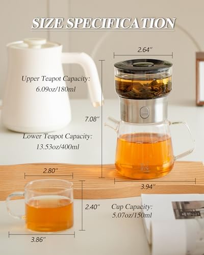 ZENS Modern Glass Infuser Pot Set with 2 Cups, One Touch Loose Tea Maker - Image 3