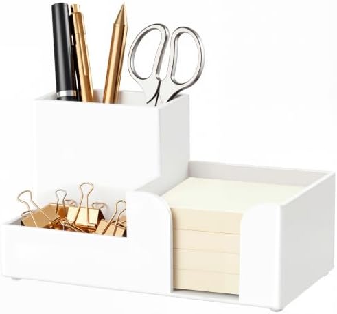 HBlife Acrylic Pen Holder for Desk, 3-Compartment Small Desk Organizer, White Office Supplies Desk Accessories with Sticky Notes Holder Stores Post It Notes 3X3 for Office, Home and School by HBlife